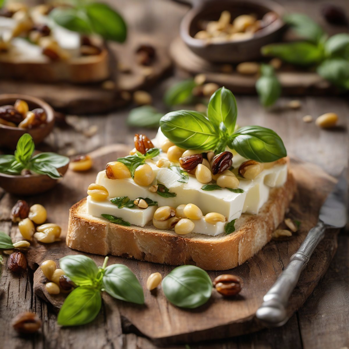 Brie Toasts with Basil, Pine Nuts and Golden Raisins — Fresh homemade recipe photo