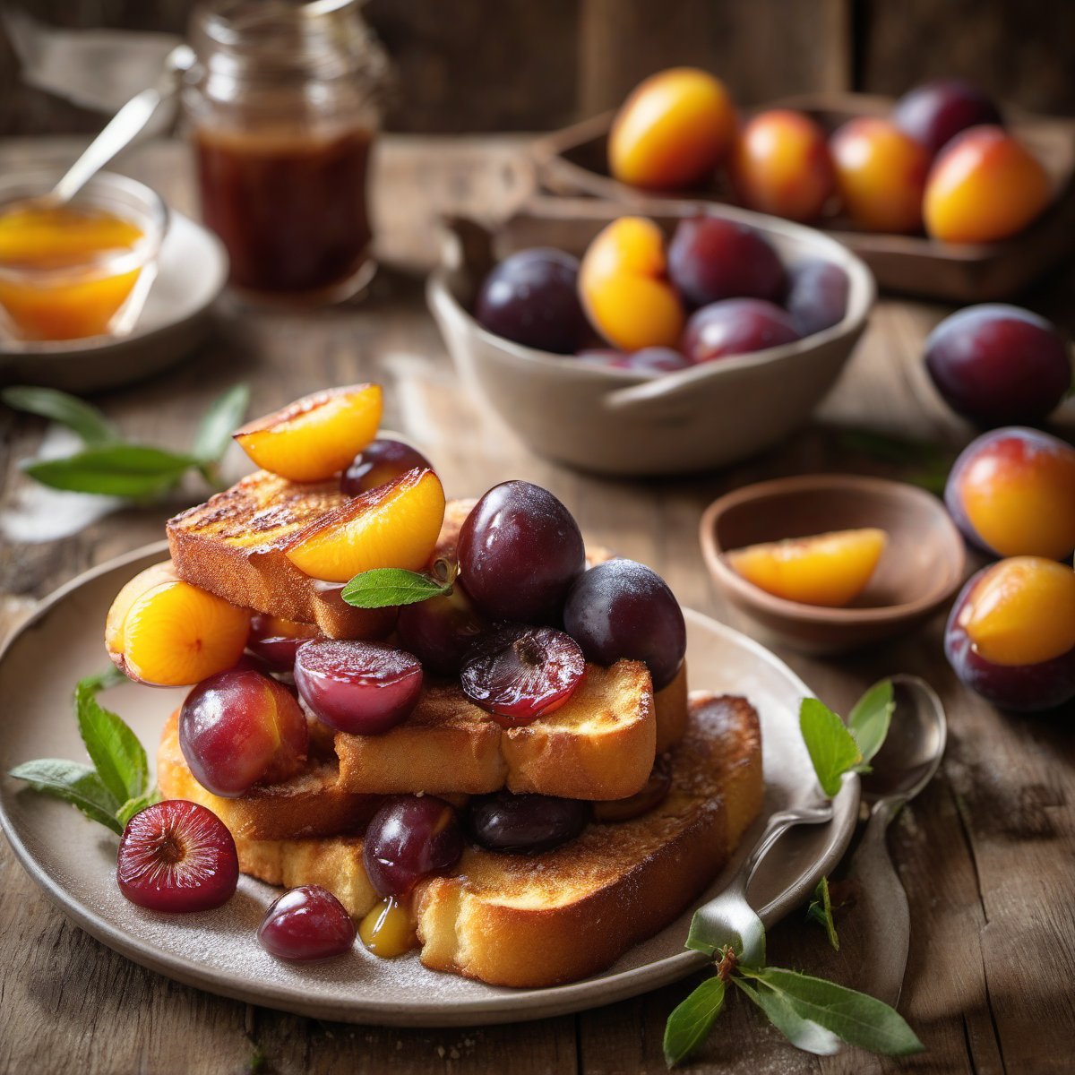 Cinnamon plums with French toast — Fresh homemade recipe photo