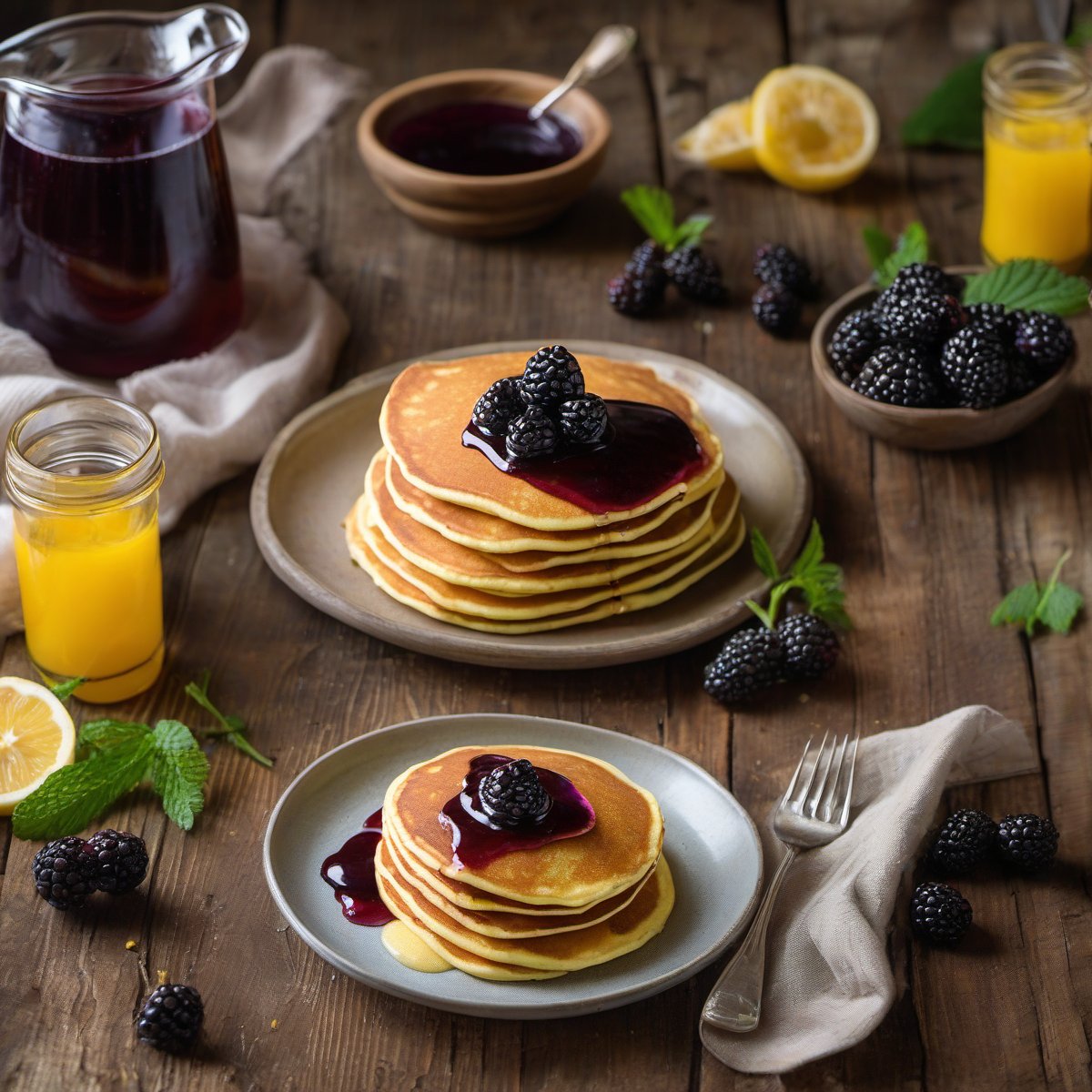 Cornmeal Pancakes with Blackberry Syrup — Fresh homemade recipe photo