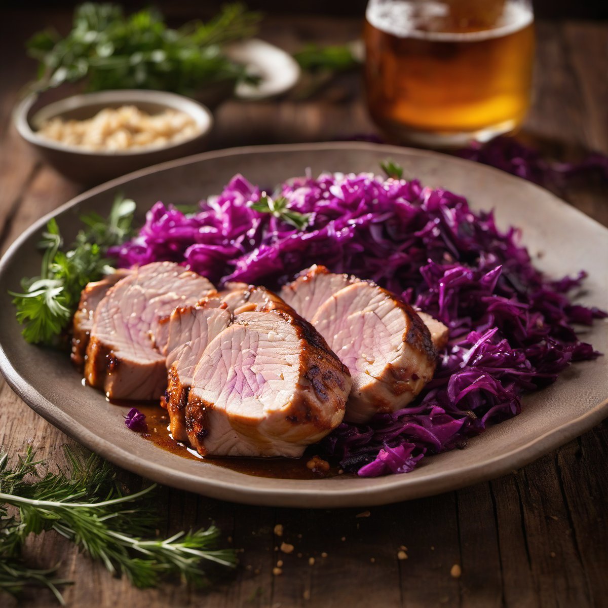 Beer-Marinated Pork Tenderloin with Red Cabbage — Fresh homemade recipe photo