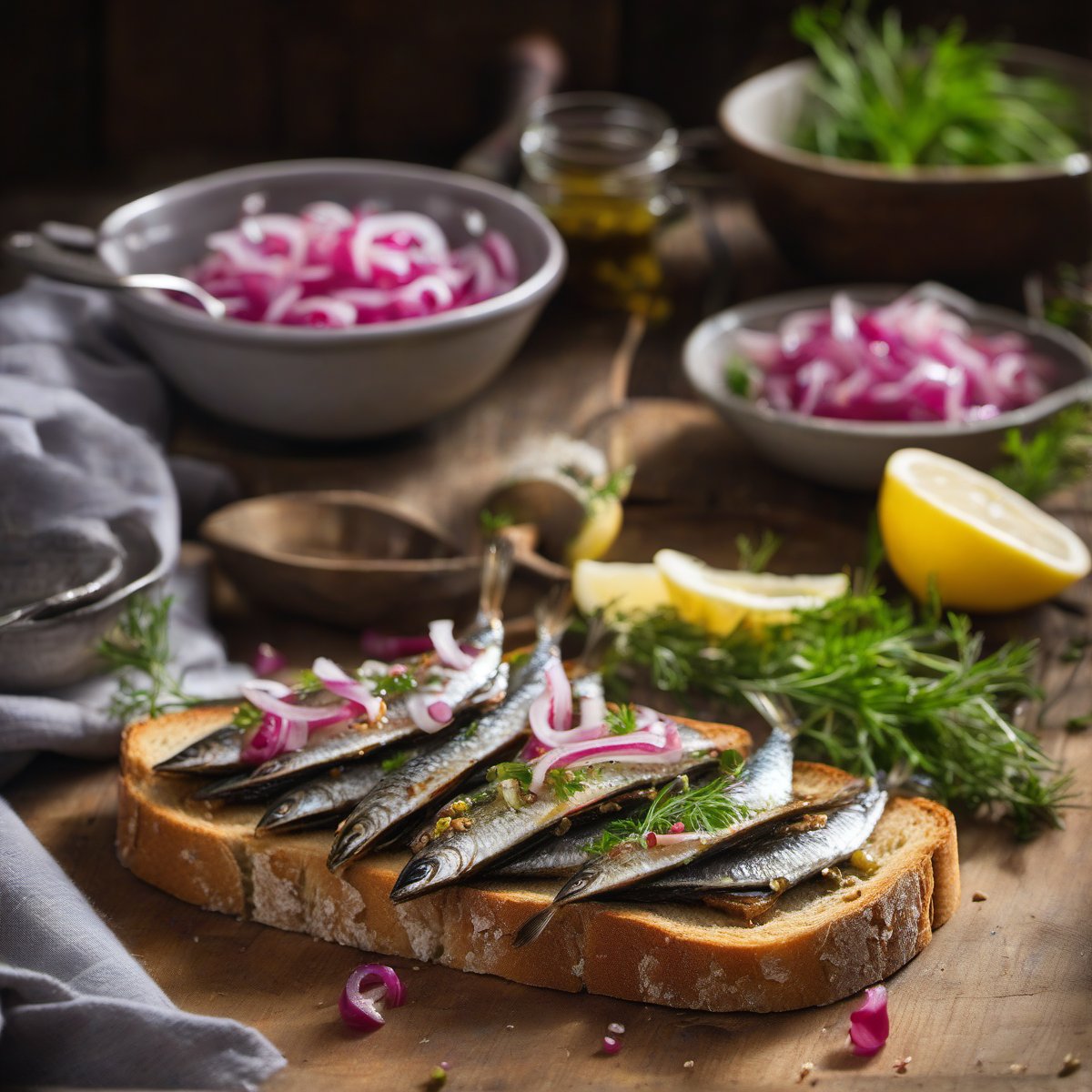 Fresh sardines on toast with sweet pickled red onion — Fresh homemade recipe photo