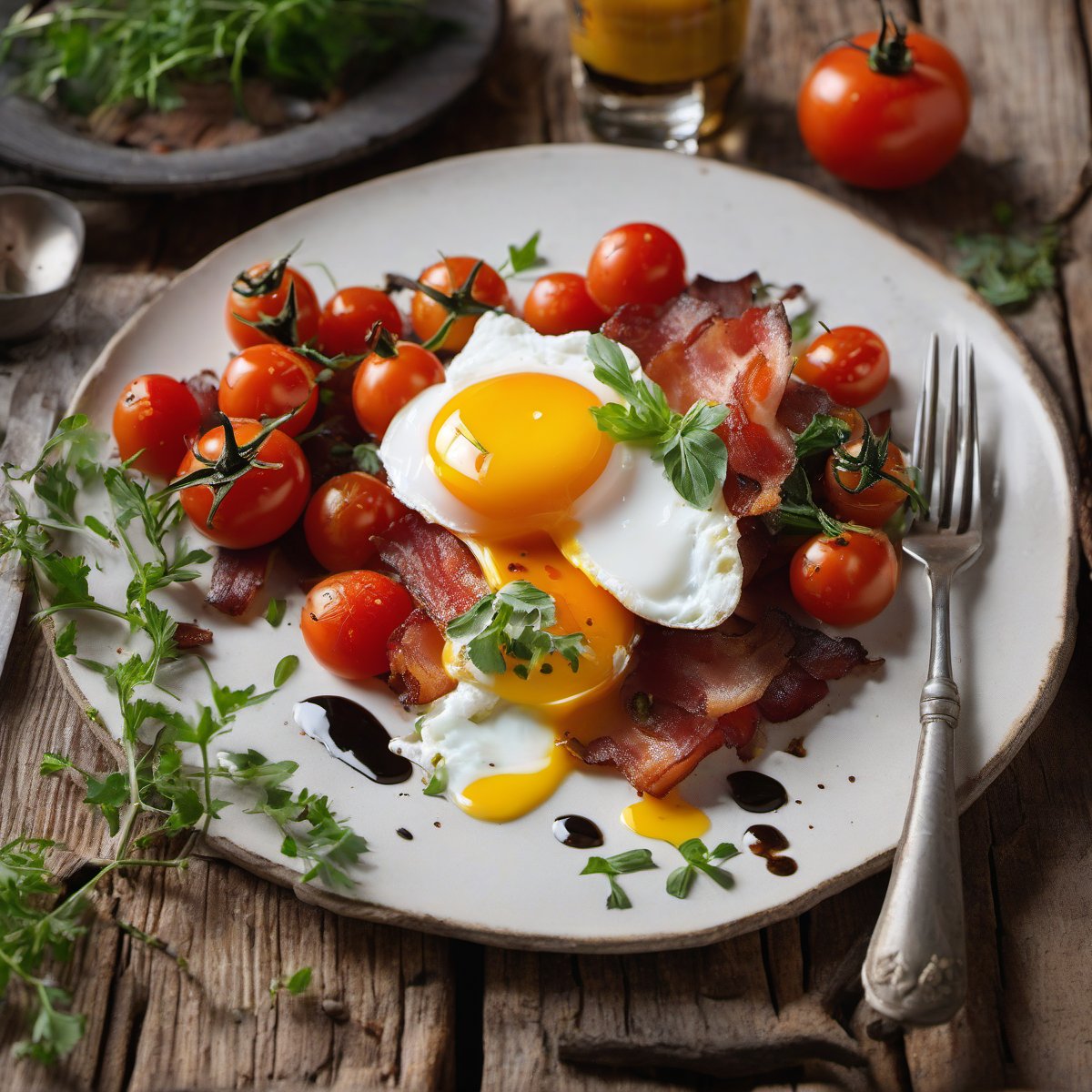 Pan-fried bacon with poached egg and balsamic tomatoes — Fresh homemade recipe photo