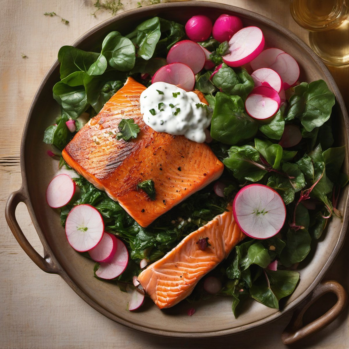 Pan-Roasted Salmon with Collards and Radish Raita — Fresh homemade recipe photo