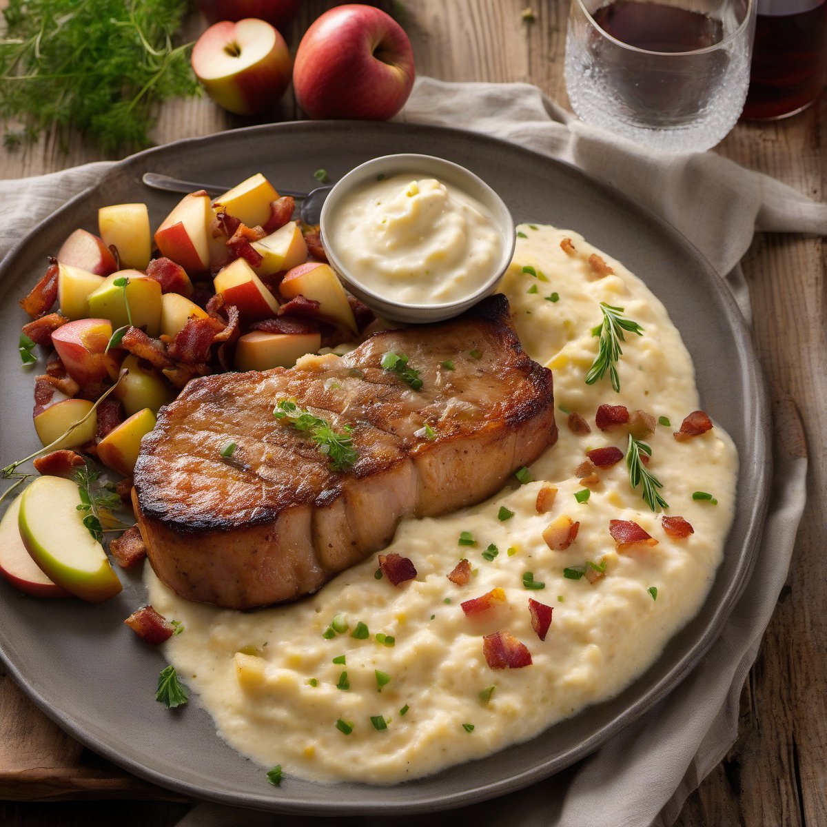 Pork Chops with Apples & Creamy Bacon Cheese Grits — Fresh homemade recipe photo