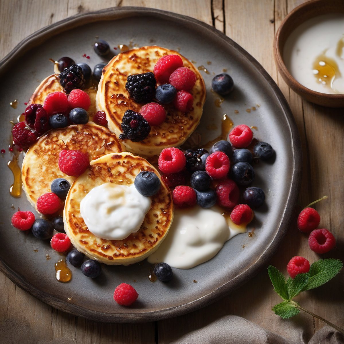 Toasted crumpets and warm spiced berries with yoghurt and honey — Fresh homemade recipe photo