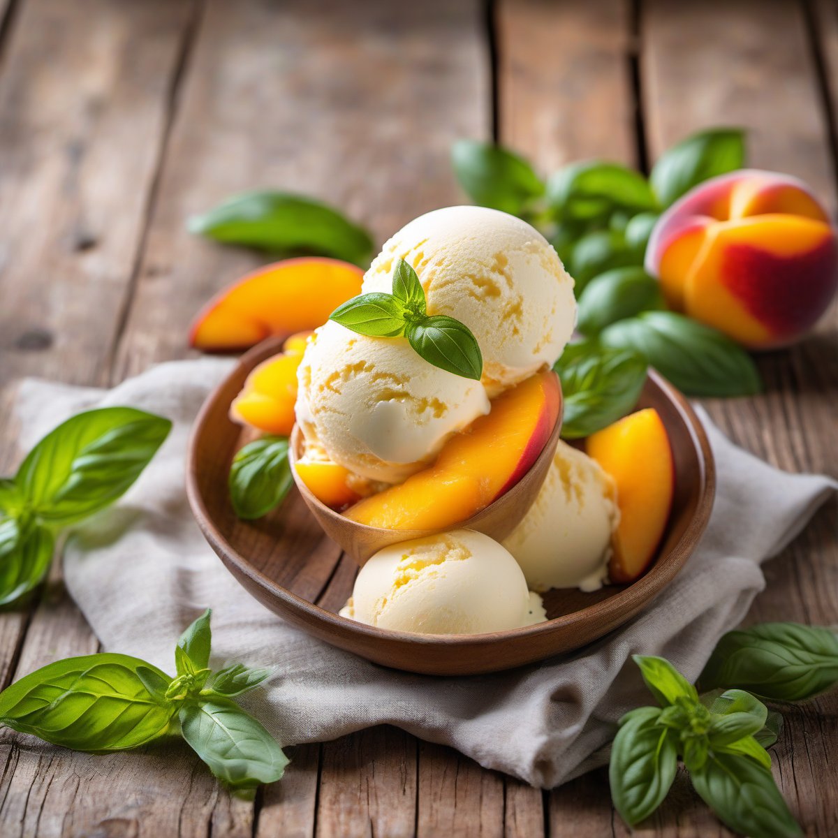 Vanilla Ice Cream with Basil-Peach Topping — Fresh homemade recipe photo