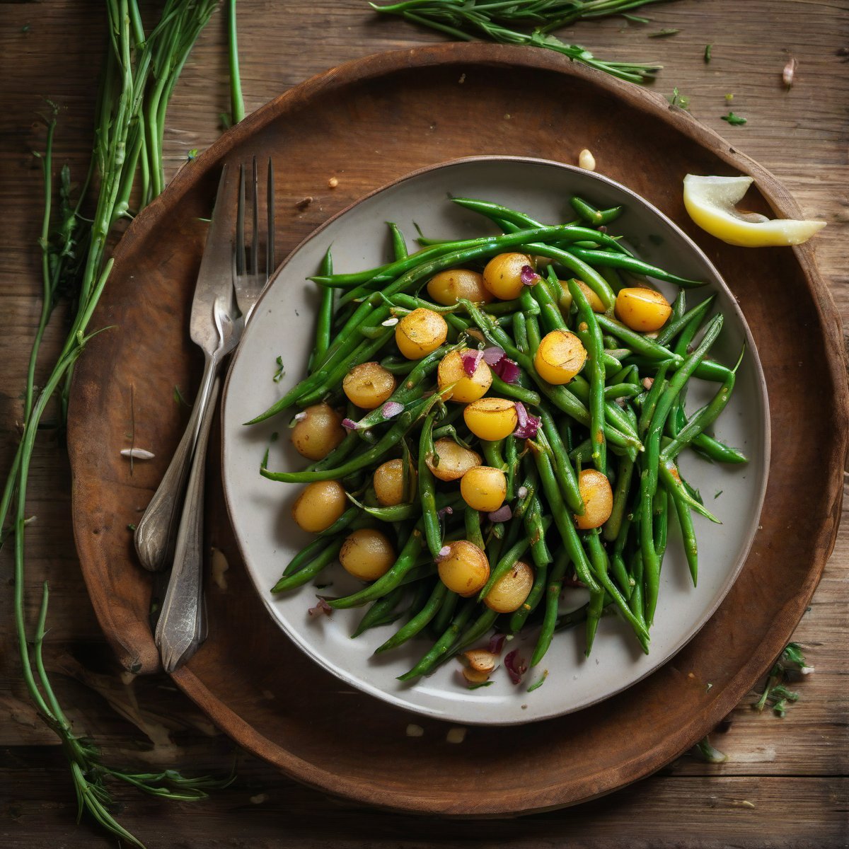 Haricot Vert, Shallots, and Micro Taters — Fresh homemade recipe photo