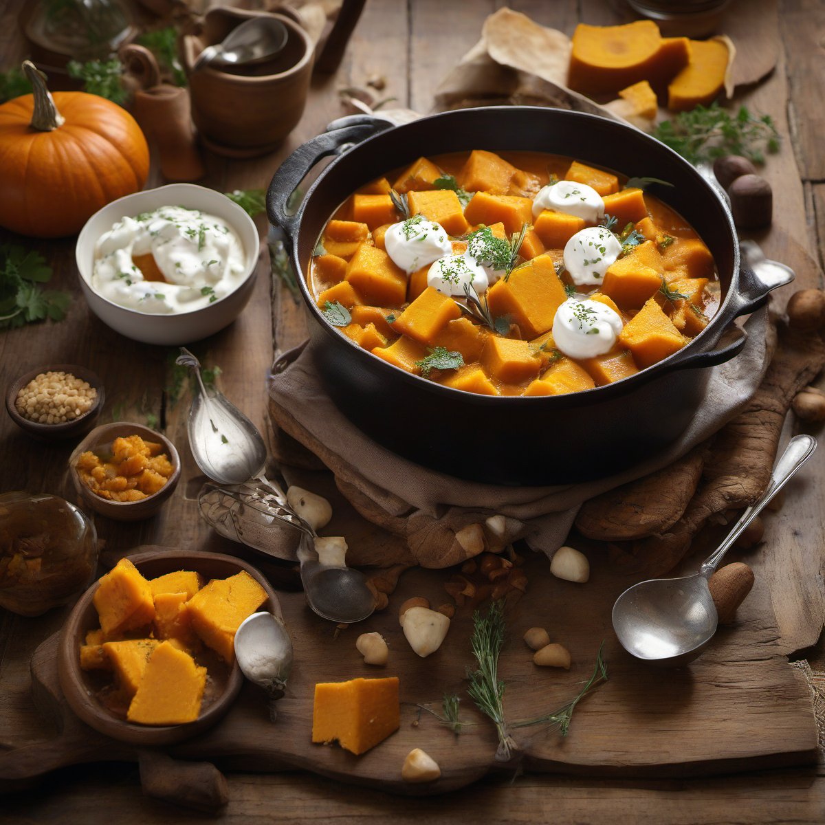 Pumpkin stew with sour cream — Fresh homemade recipe photo