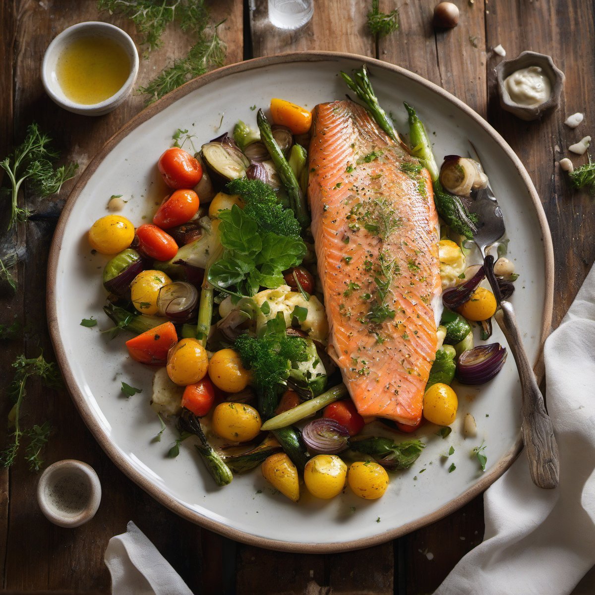 Roast Trout and Vegetables with Horseradish Vinaigrette — Fresh homemade recipe photo