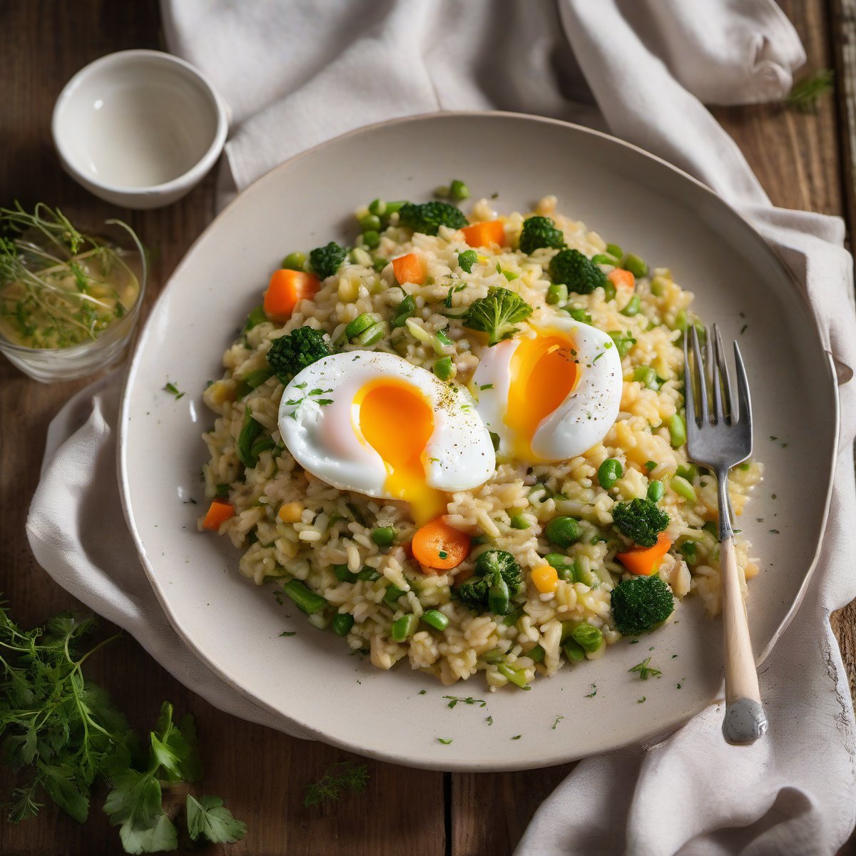 Spring Vegetable Risotto with Poached Eggs — Fresh homemade recipe photo